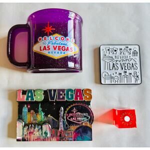 Set of 4 LAS VEGAS Magnets Dice Souvenirs includes what’s pictured